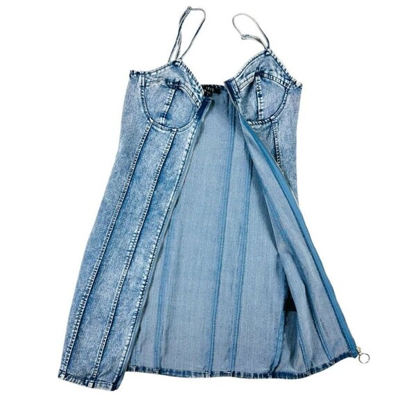 Denim Corset-Style Mini Dress W/ Front Zipper Closure By Iris Size L - Picture 7 of 14